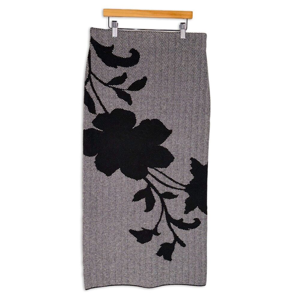 Ann Taylor Knit Midi Skirt Black Gray Floral Herringbone Pull On Small